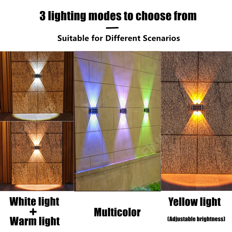 Solar LED Wall Light, Three adjustable brightness modes: white, yellow, and multicolor. Perfect for various scenarios.