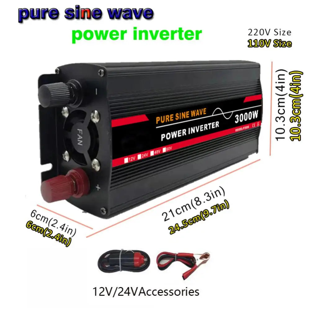 3000W Pure Sine Wave Power Inverter, Converts DC power from solar panels/home/RVs/camping to pure sine wave AC power at 220V.