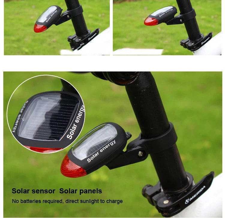 Solar Bike Light, Charges via solar panel or USB, no batteries needed; harnesses direct sunlight for power.