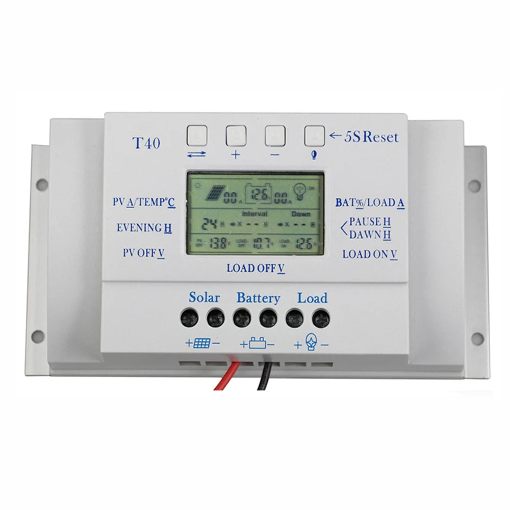 Regulate solar power flow, monitor time, and track charge status with automatic load control and interval tracking.