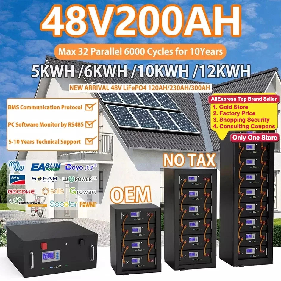 48V 200Ah 100Ah LiFePO4 Battery, LiFePO4 battery pack with 200Ah max capacity and advanced features.