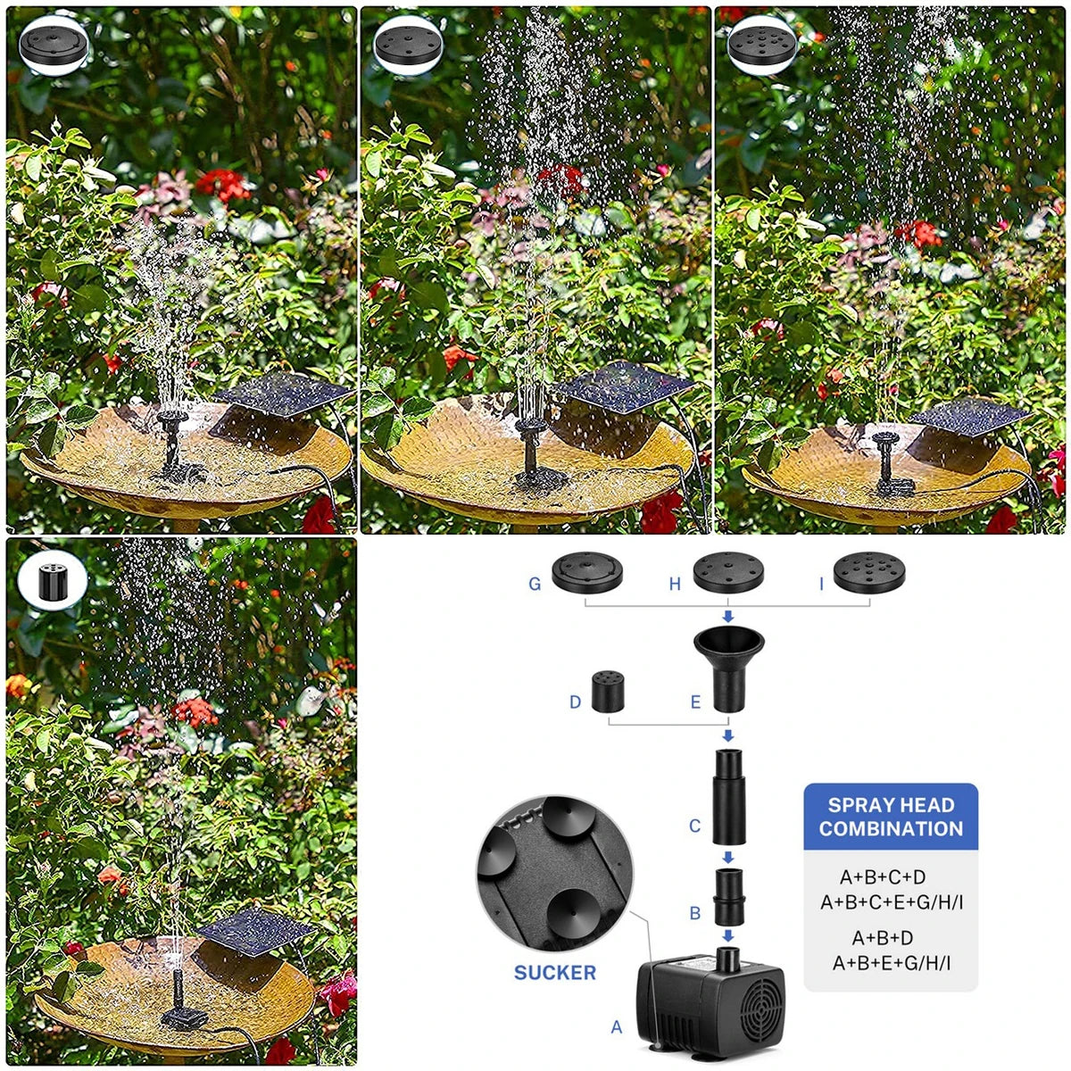 2.5W Solar Fountain, Adjustable nozzles provide various spray patterns for a customizable bird bath experience.