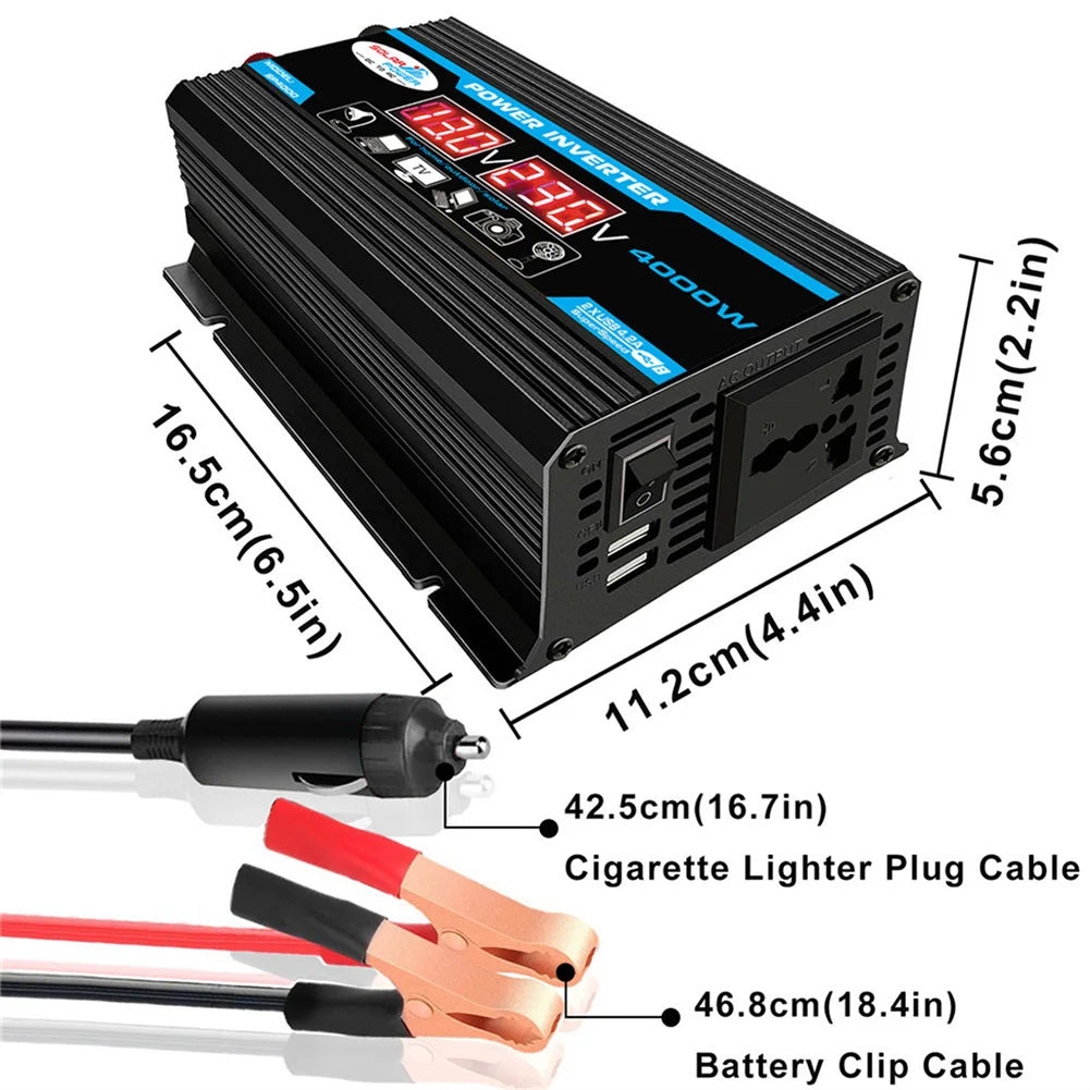 4000W Peak Solar Car Power Inverter, Power inverter converts DC power to AC, perfect for camping, RVs, or off-grid use.