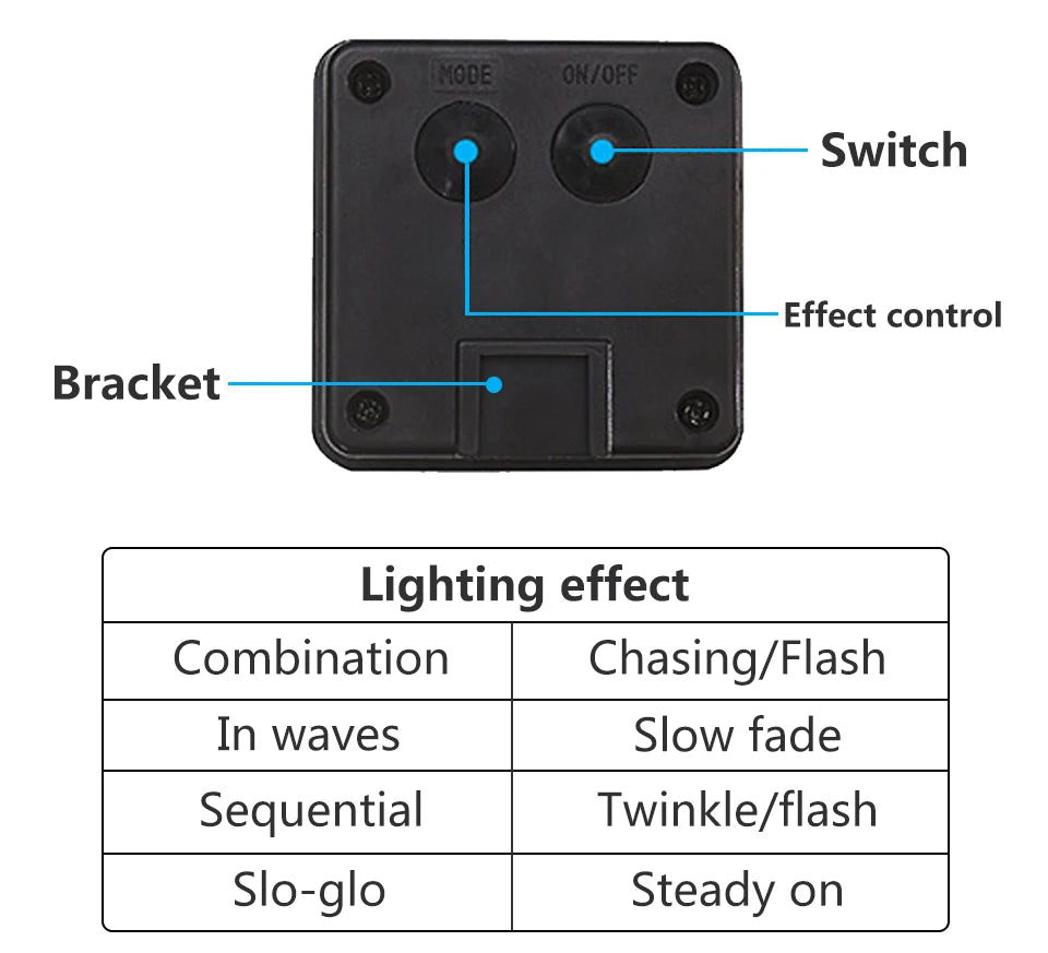 Solar String Fairy LED Light, Single node switch controls multiple lighting effects: chase, flash, fade, twinkle, and steady-on.