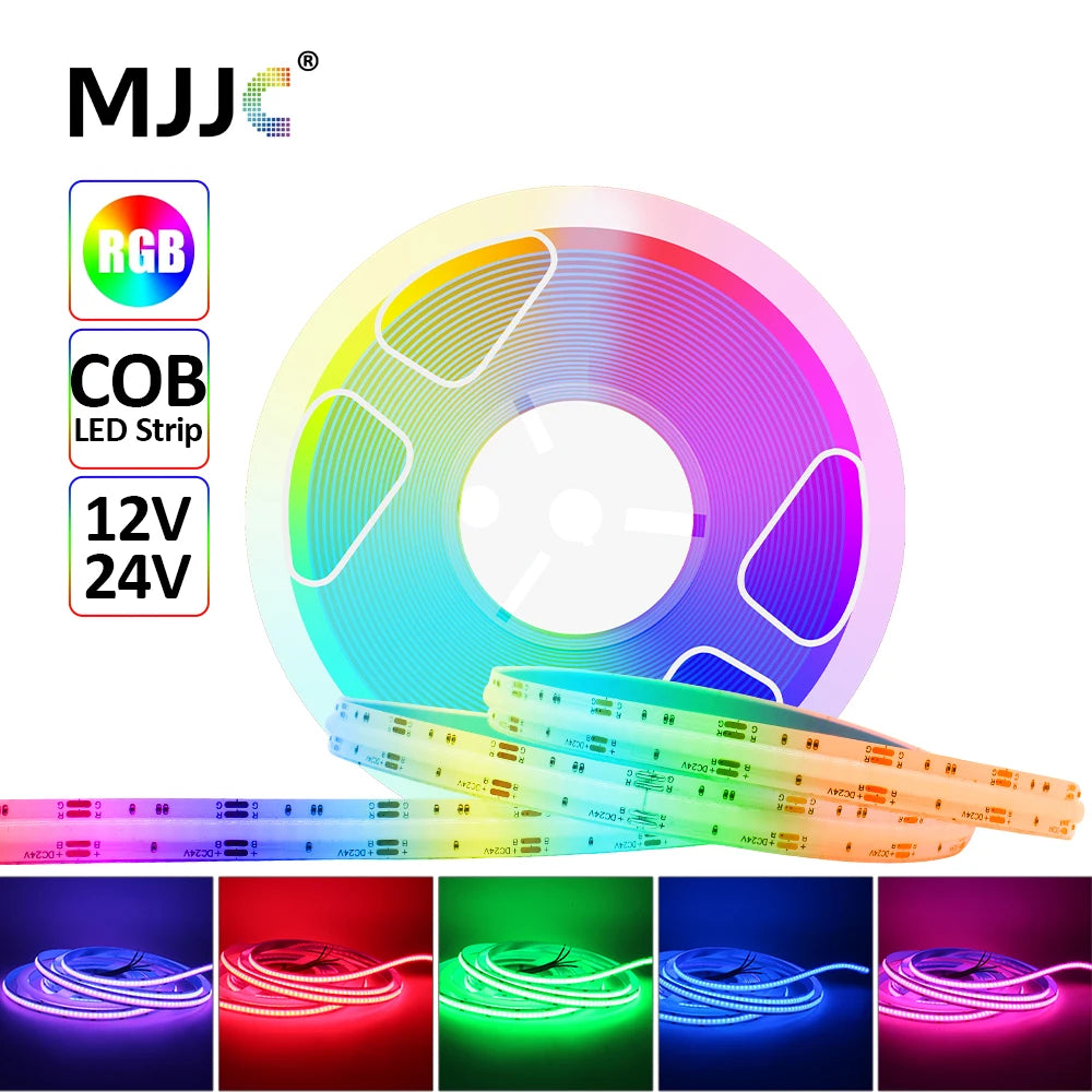 RGB COB LED Strip Light, RGB COB LED Strip with specifications including voltage, power consumption, and certifications.