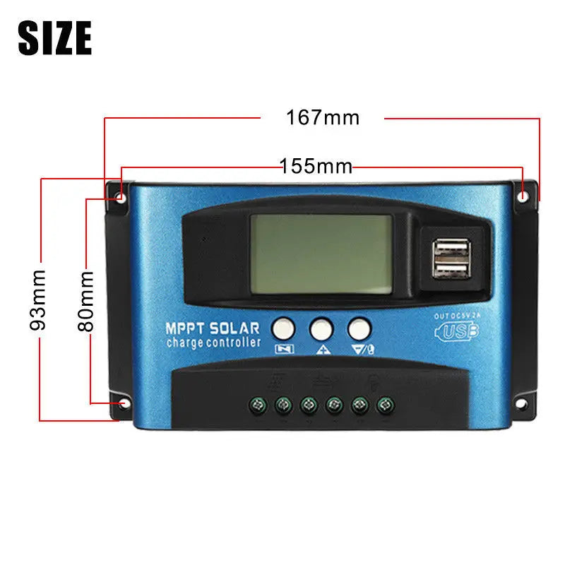 Compact solar controller with MPPT tech, dual USB ports, and LCD display for efficient energy harvesting.