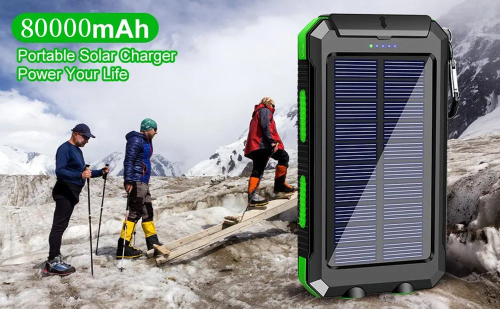 Portable solar charger for powering devices on-the-go, with high-capacity up to 80,000mAh.