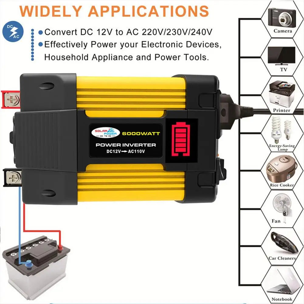 6000W Vehicle Power Pure Sine Wave Inverter, Power electronic devices with this DC-DC inverter that converts 12V to 110V or 220V AC.