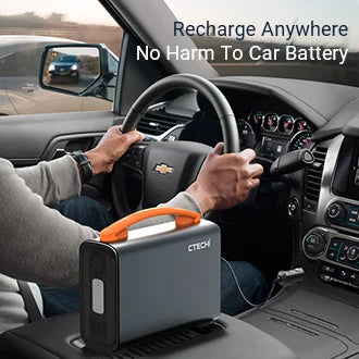 Recharge anywhere; no harm to your car battery. Perfect for camping trips or emergency power.