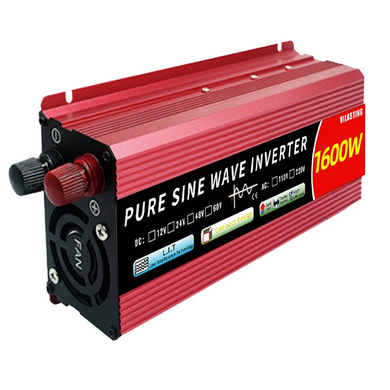Compact inverter converts DC power to pure sine wave AC, ideal for car and solar-powered devices.