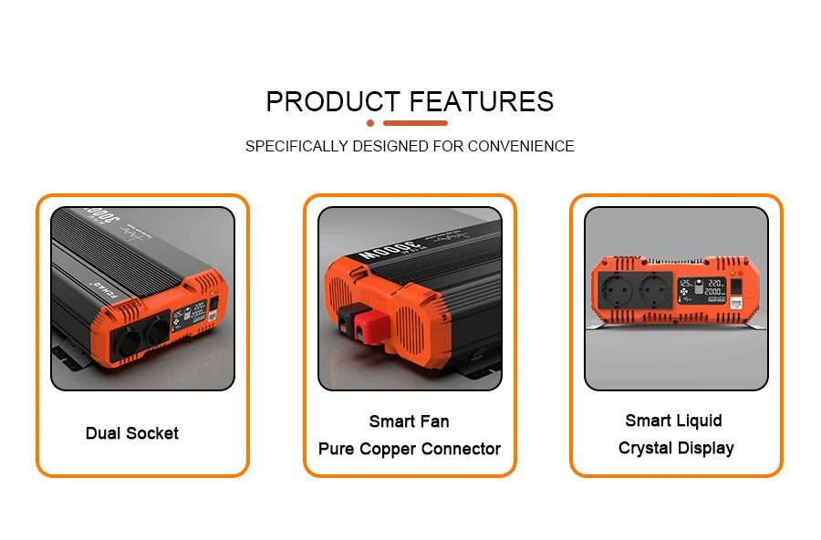 FCHAO 6000W Pure Sine Wave Solar Inverter, Advanced features like a smart fan, dual sockets, copper connectors, and clear displays for efficient cooling and monitoring.