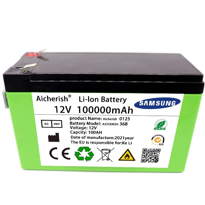 Aicherish 12V 60AH 18650 Lithium Battery, Lithium-ion battery with 12V/60Ah capacity, suitable for solar energy and electric vehicles, includes 3A charger.