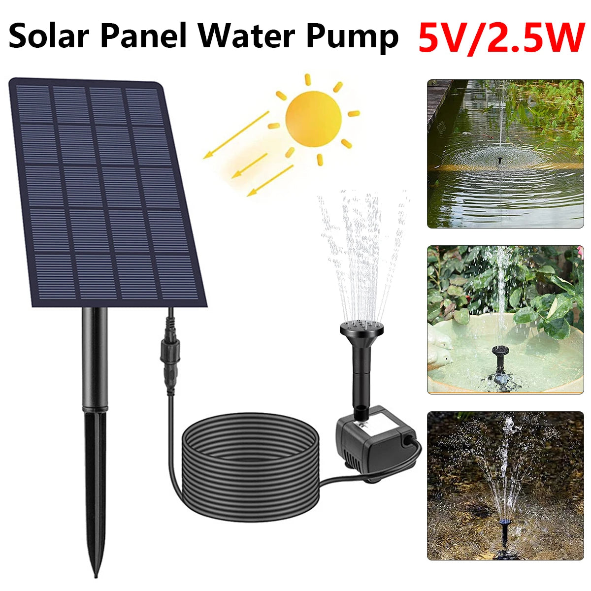Compact 2.5W Solar Fountain Pump with Rotatable Panel for DIY Garden and Bird Bath Use.