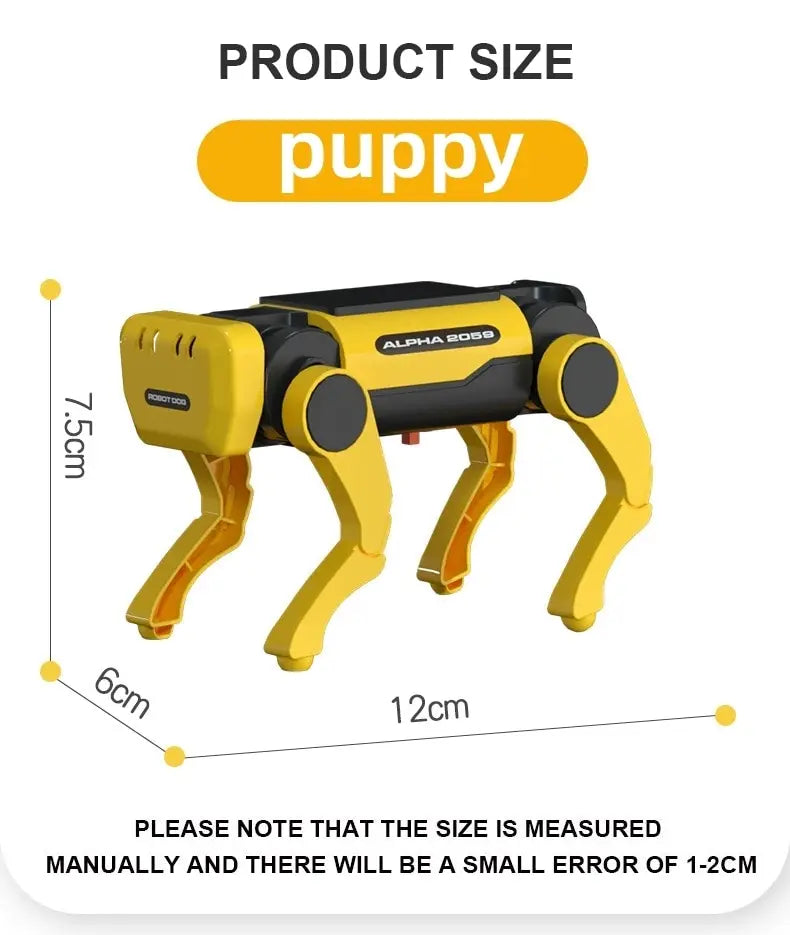 Solar Powered Electric Mechanical Dog Robot, Approximately 12cm (puppy mode) or 5.8cm (compact mode) product size, with manual measurement variation of 1-2cm.