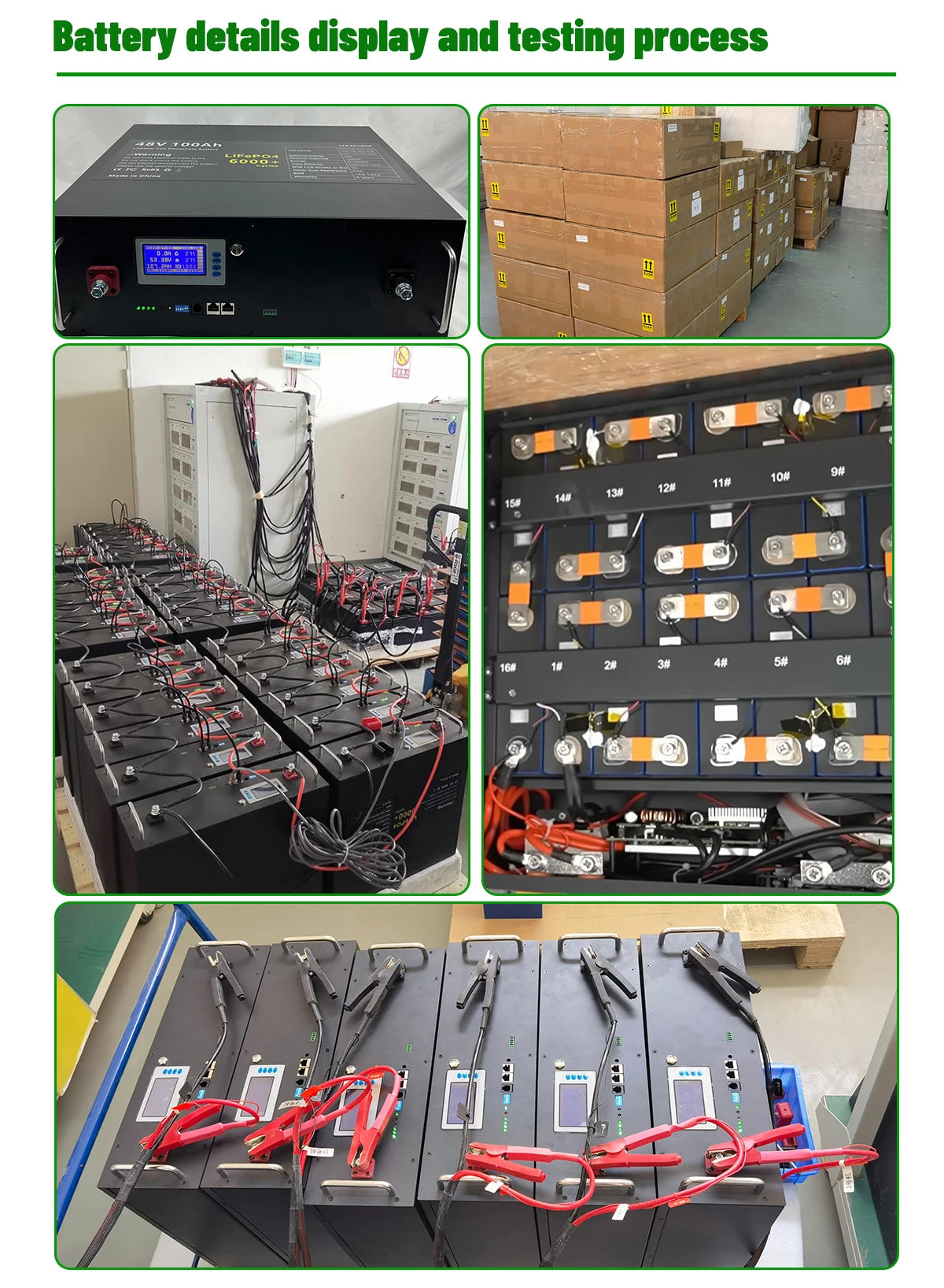 LiFePO4 48V 100AH Battery, Battery testing features: PC control, serial communication, and display/testing process for monitoring performance and status.