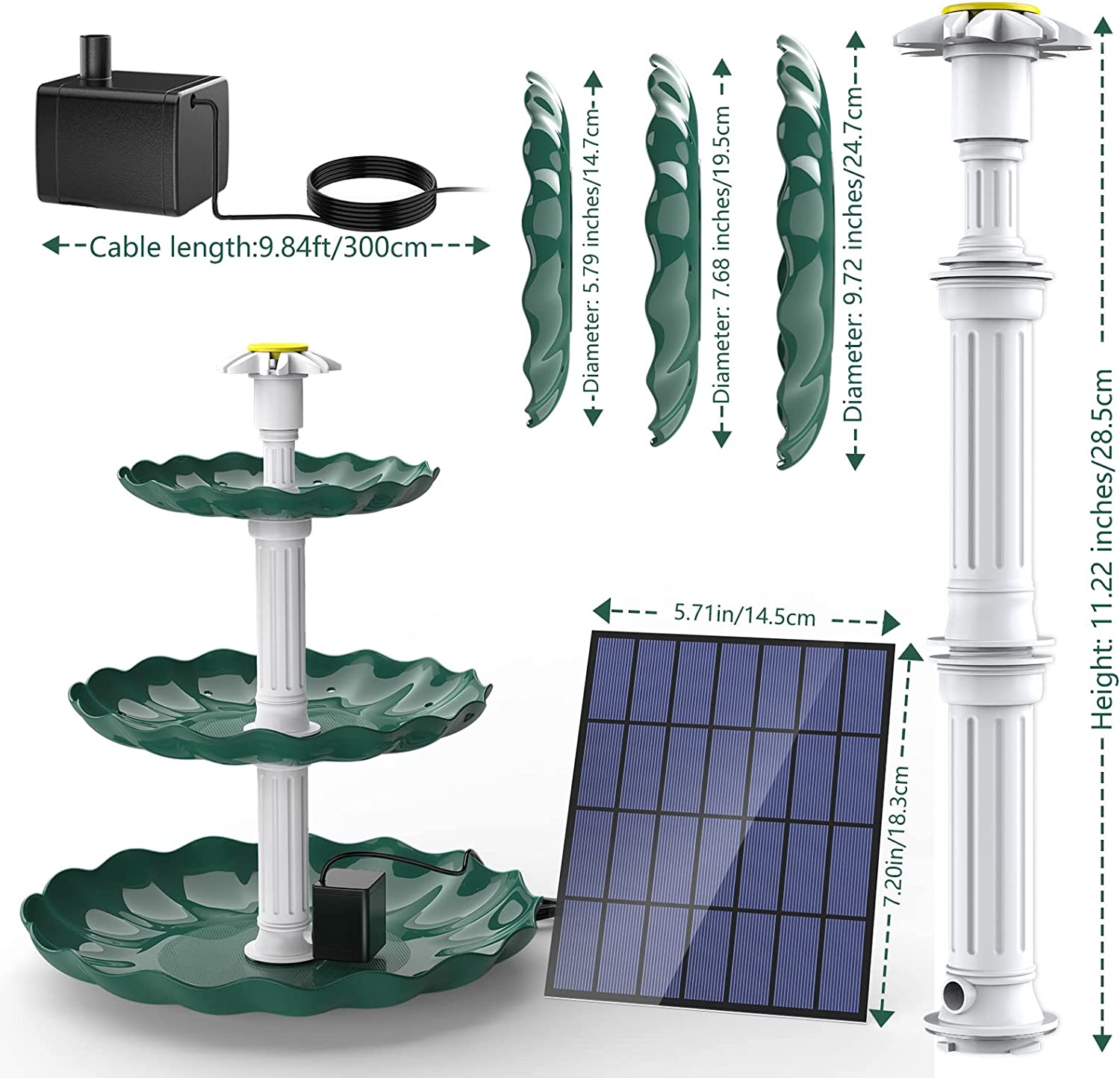 3 Tiered Bird Bath with 3W Solar Pump - DIY Solar Fountain Detachable and Suitable for Bird Bath, Garden Decoration