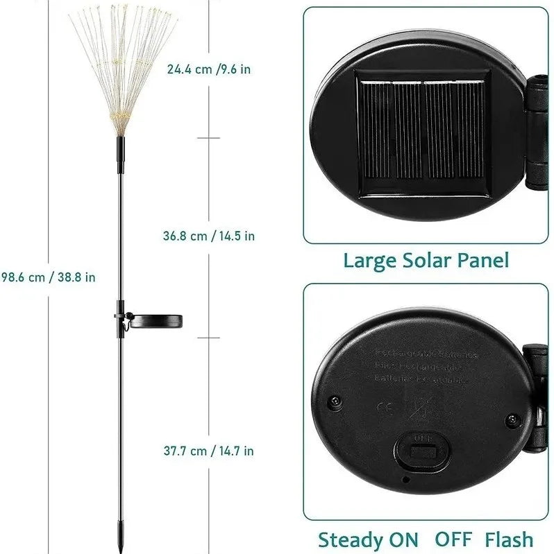 Solar String Firework Light, Solar-powered lantern with LED bulbs, bronze body, and Ni-MH battery.