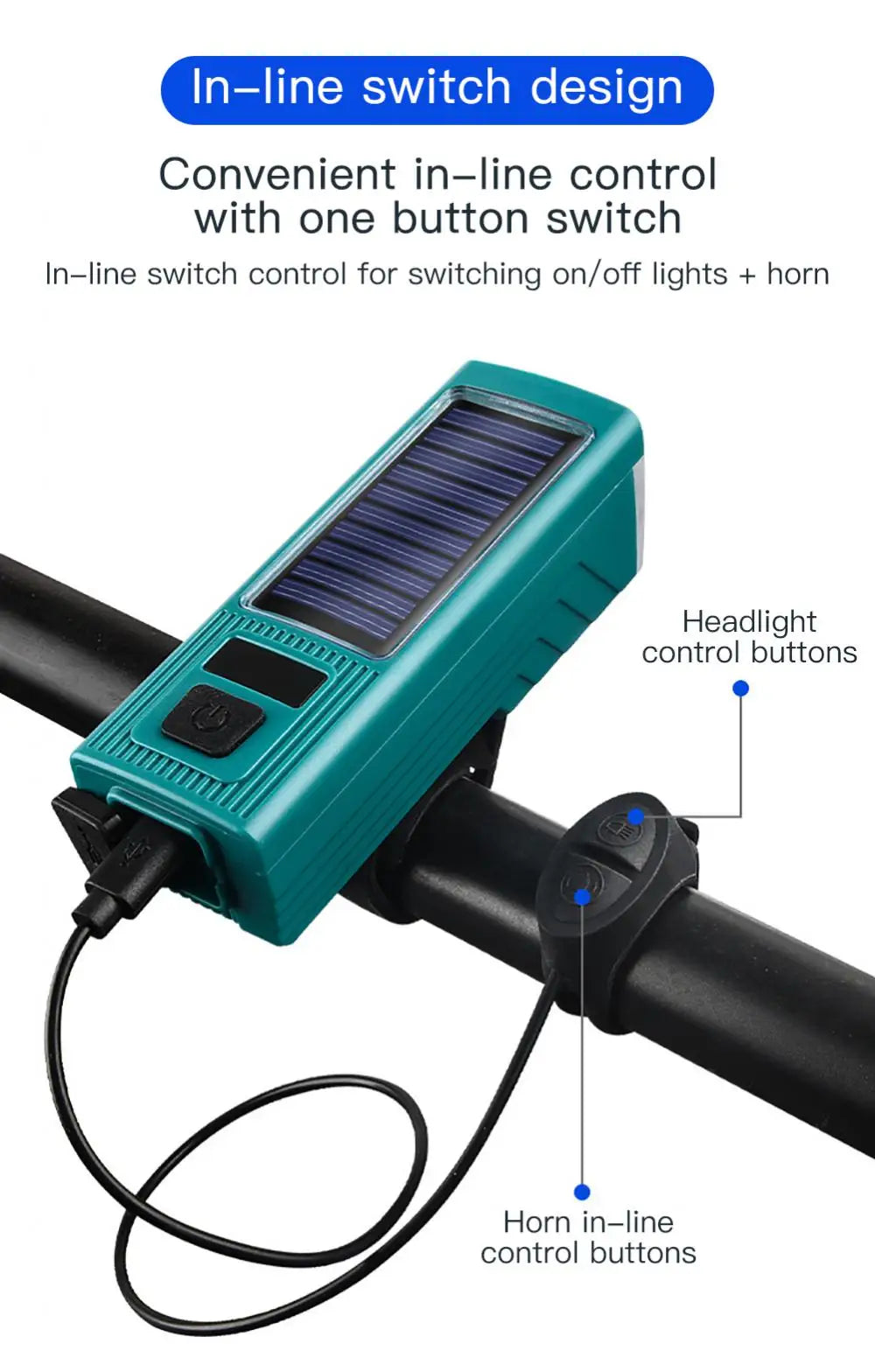 Solar Bike Light, Single-button control for lights and horn on/off, providing convenient access.