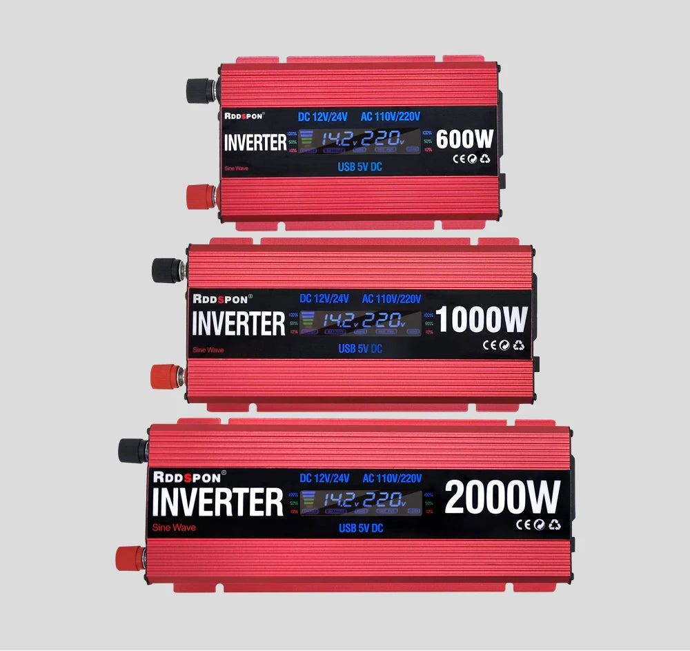 Solar Power Inverter, DC-DC power inverter converts DC to AC with sine wave tech, featuring USB port and 3 power ratings.