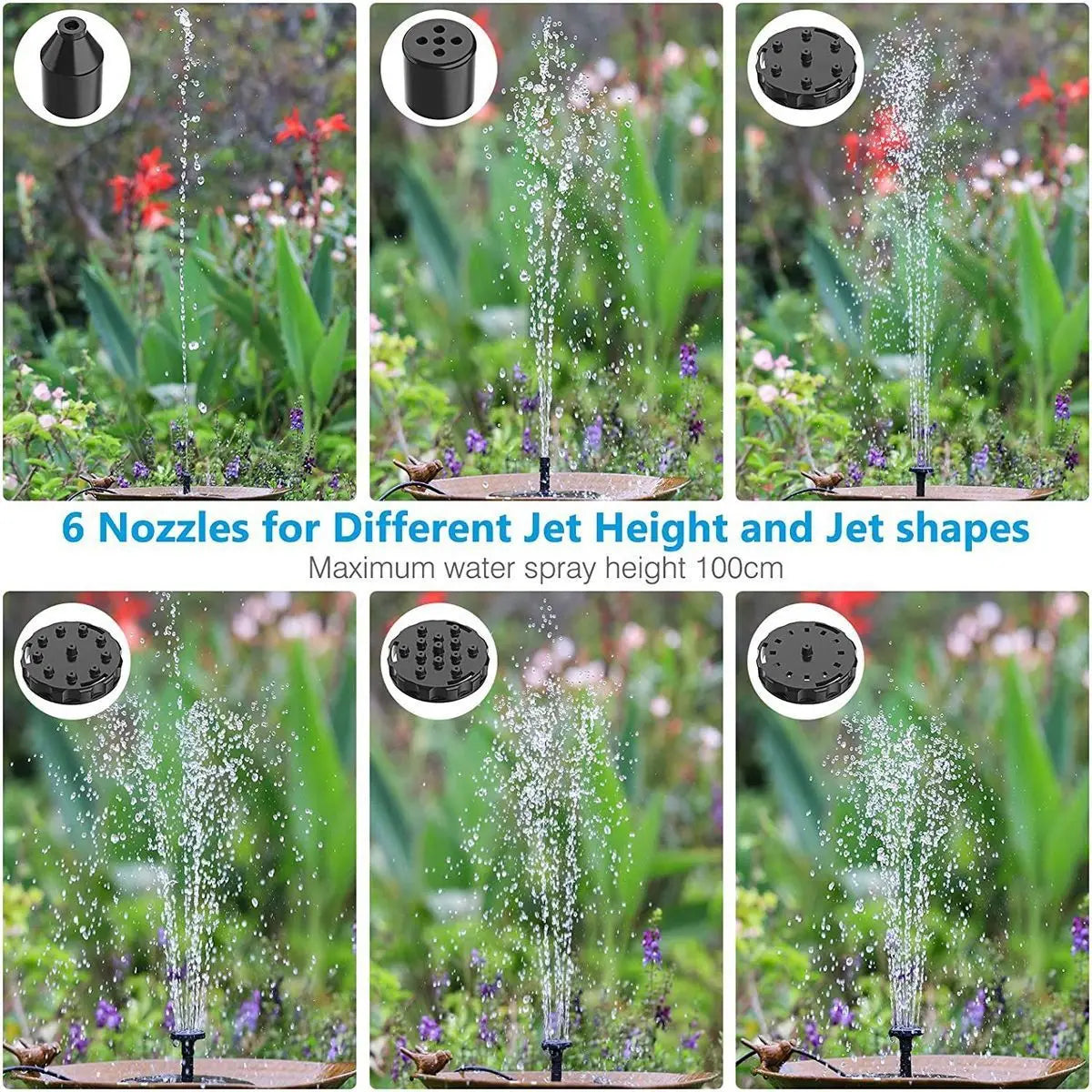 12V Solar Panel Charging Water Pump Set, Adjustable nozzles with varied jet heights and shapes reach up to 100cm.