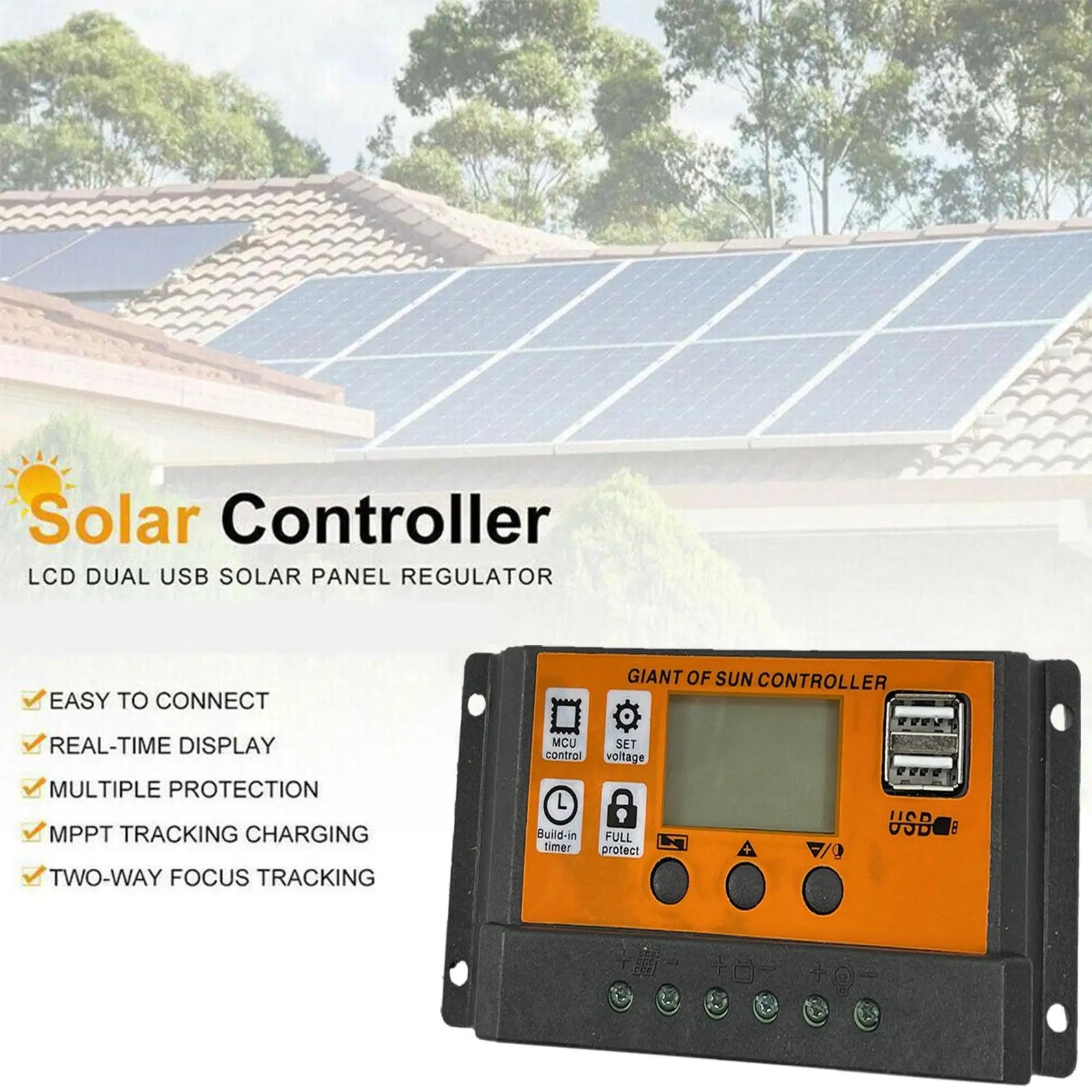 MPPT Solar Charge Controller, Advanced solar charge controller with LCD display and dual USB ports for efficient renewable energy management.