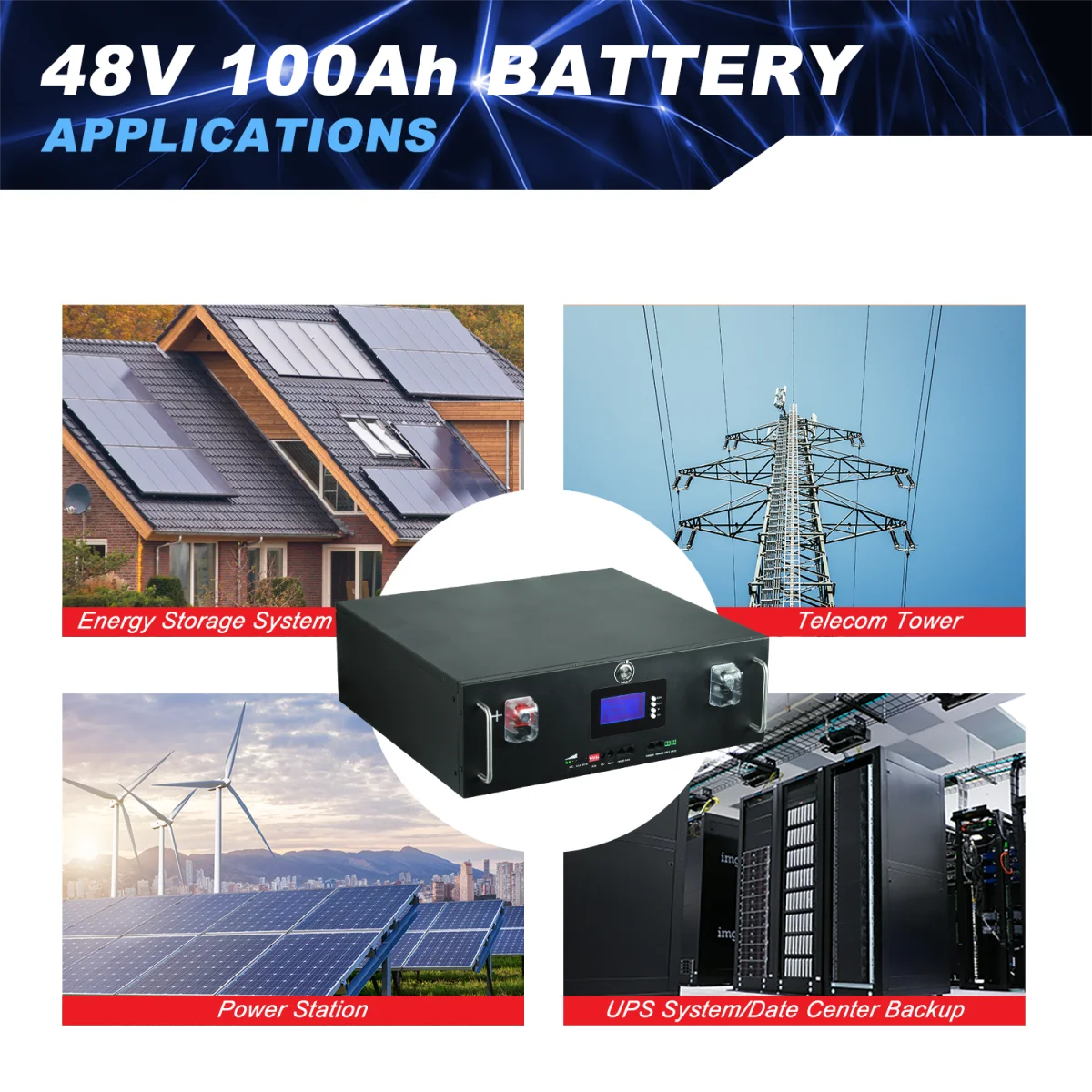 48V 100Ah 200Ah Lifepo4 Battery, Lithium-ion battery pack for energy storage, telecom towers, UPS, and data centers.