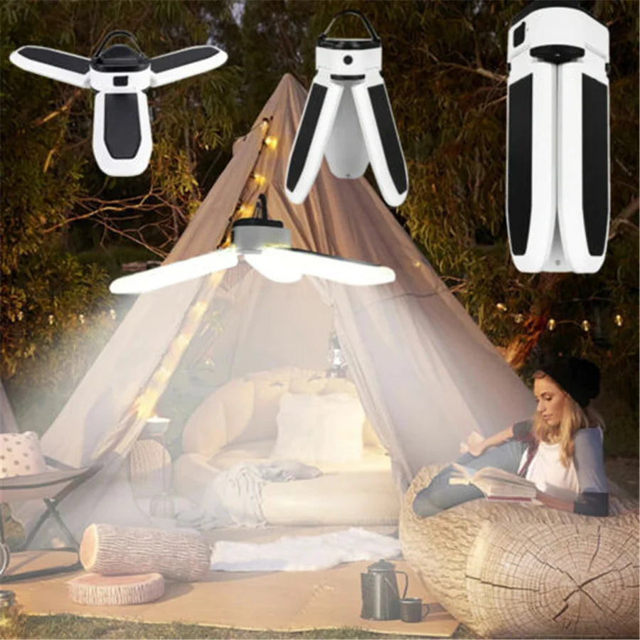 Portable LED Solar Camping Light, Rechargeable LED lights for camping and emergency use, waterproof and foldable.