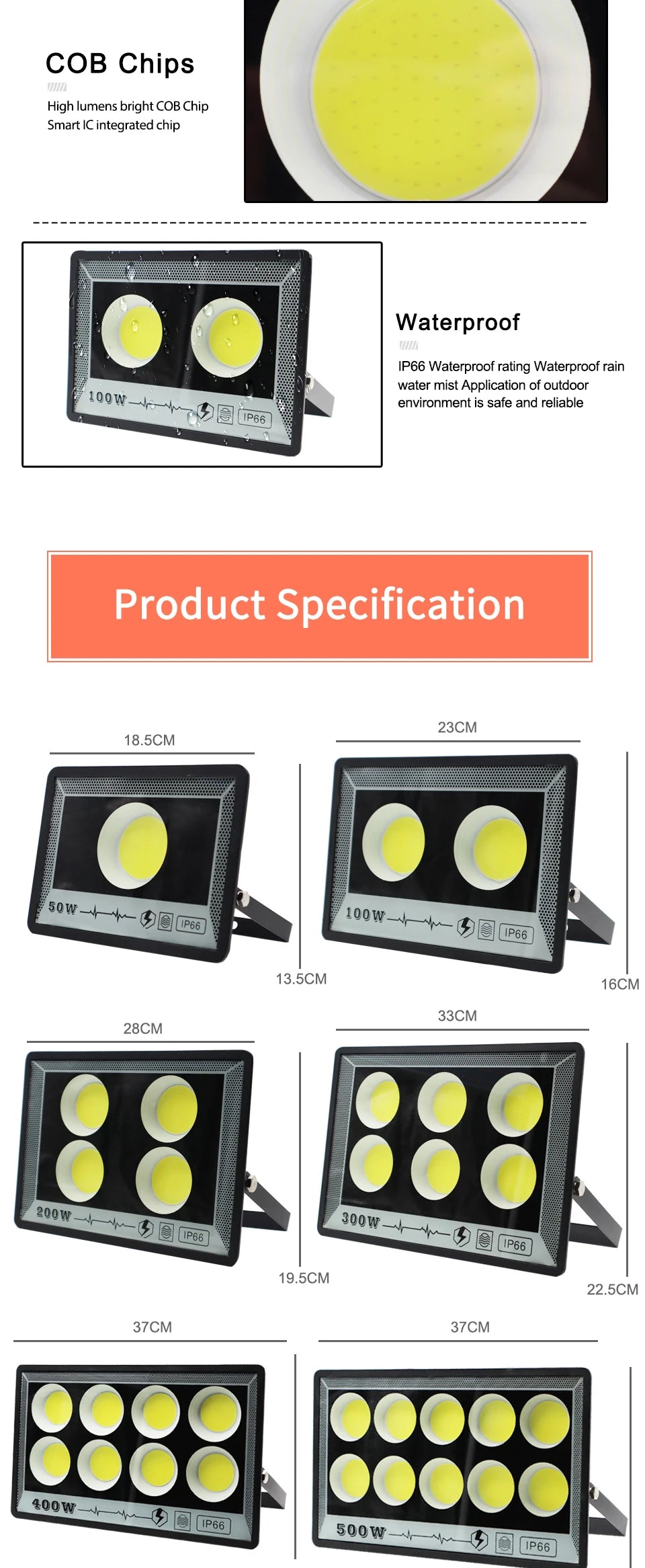 Outdoor LED floodlight with COB chip technology, high brightness, and waterproof rating.