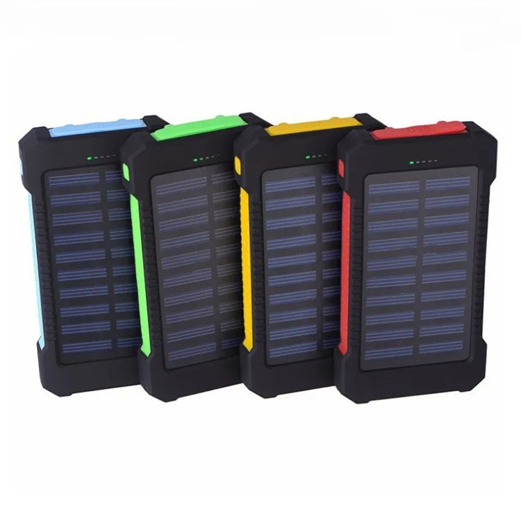 Waterproof wireless power bank with solar panel, 100000mAh capacity, and multiple functions for outdoor use.