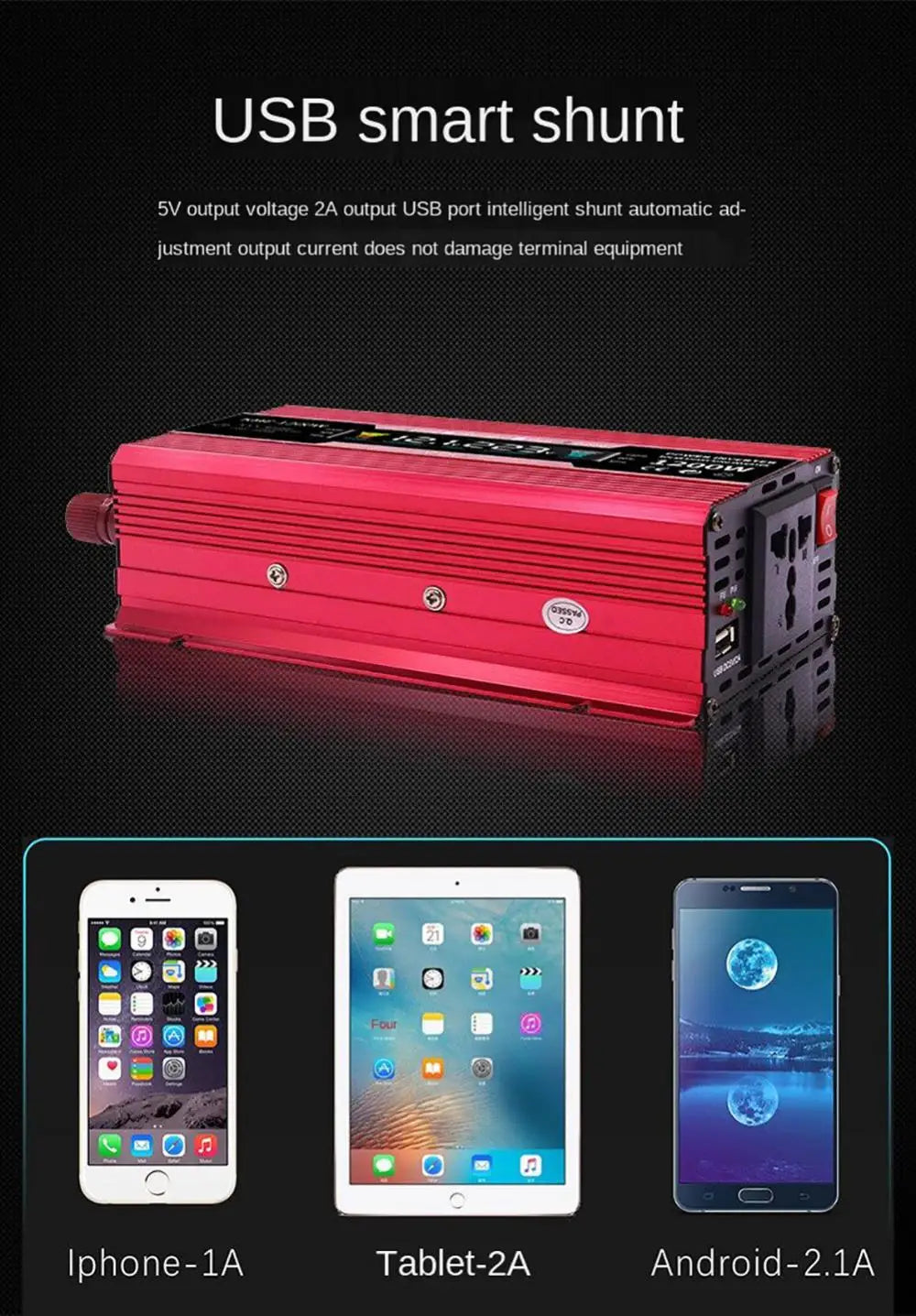 Pure Sine Wave Inverter, SV output with 2A power, intelligent overload prevention, and compatibility with USB ports.