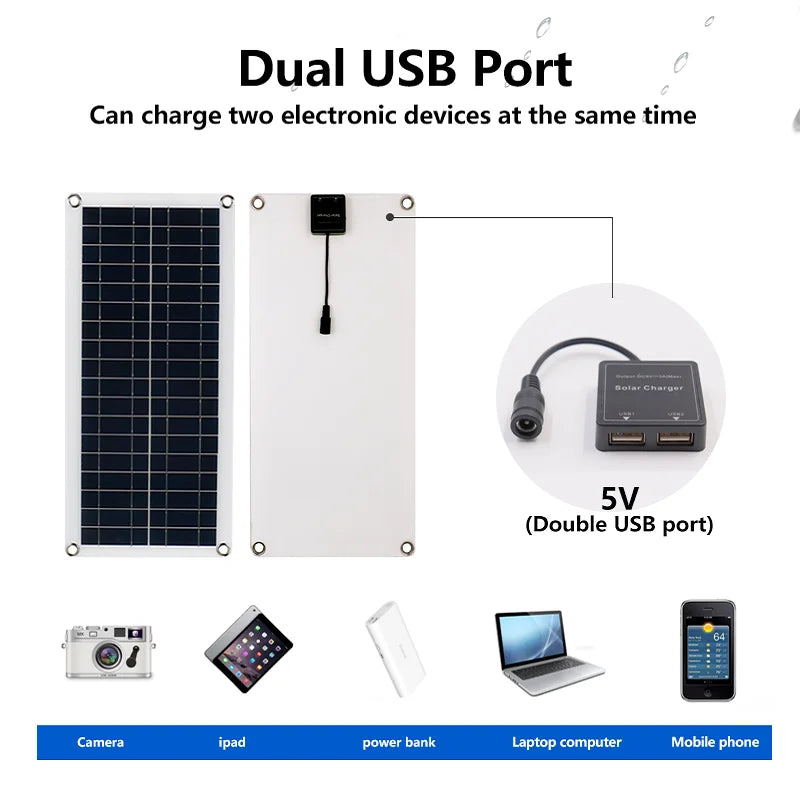 From 20W-1000W Solar Panel, Simultaneously charges two devices with dual USB ports, ideal for power-hungry gadgets like cameras, iPads, and laptops.