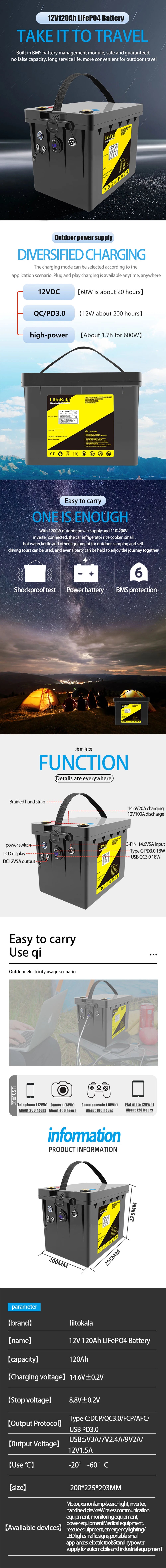 LiitoKala 12V 120Ah LiFePO4 Battery, Deep cycle battery for off-grid solar and wind power, suitable for RV campers, golf carts, and off-road applications.