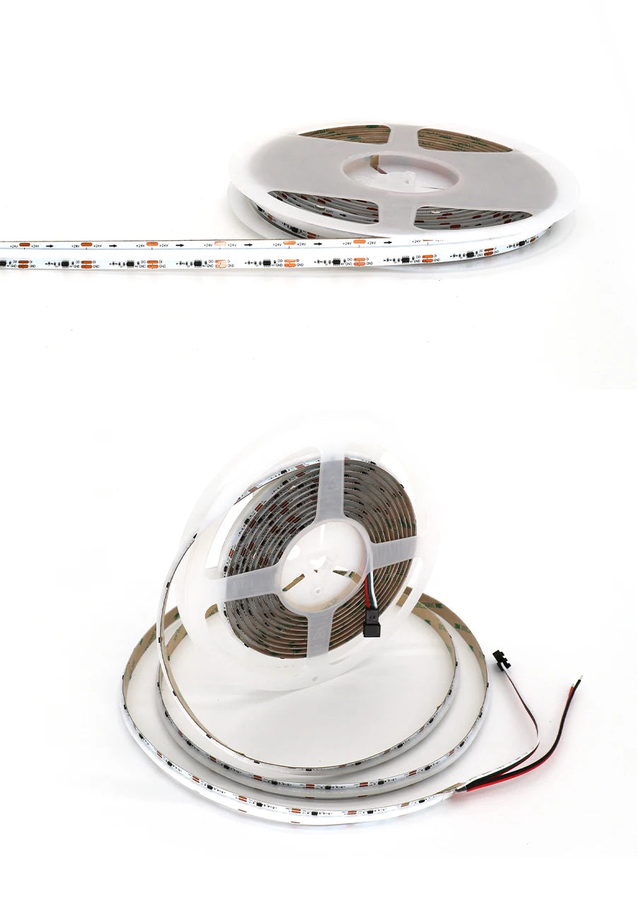 Addressable COB LED Strip Light, Colorful LED strip with 714 pixels and color control for decorative lighting.