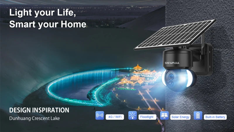 SHIWOJIA 516C Solar Camera, Smart home solar camera with 4G/WiFi, floodlights, and built-in battery inspired by Crescent Lake in Dunhuang.