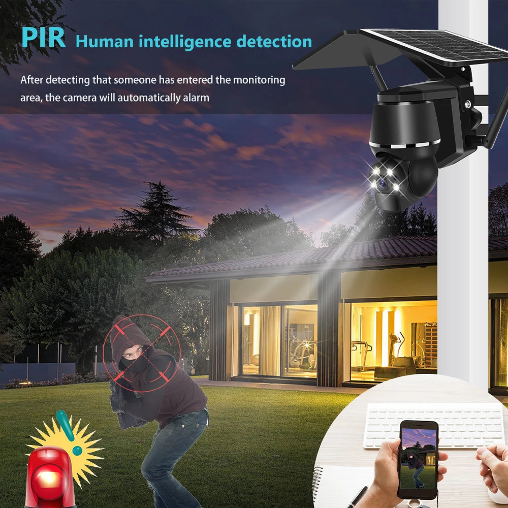 4G 5MP Outdoor Solar Panel Camara, Automatically detects human presence using PIR technology and sends alerts on motion detection.