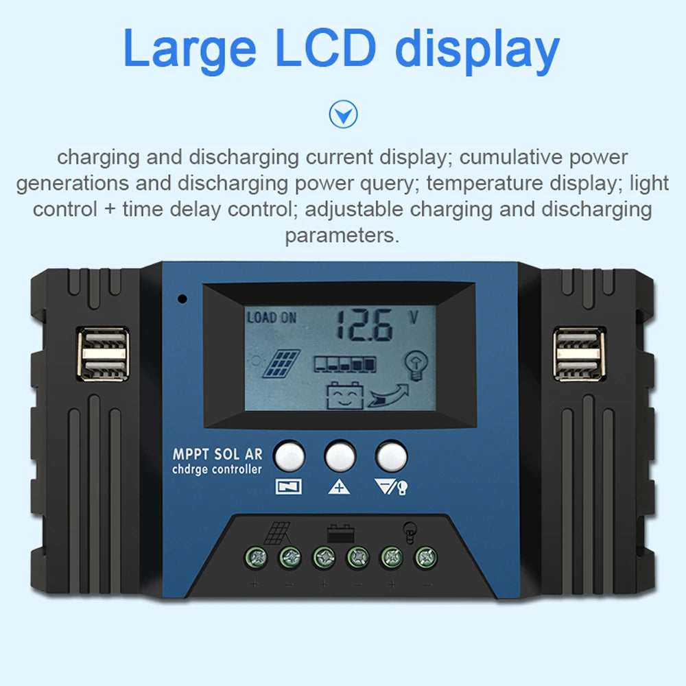 30A/40A/50A/60A/100A MPPT Solar Charge Controller, Large LCD display shows charging/discharging data and features additional controls.