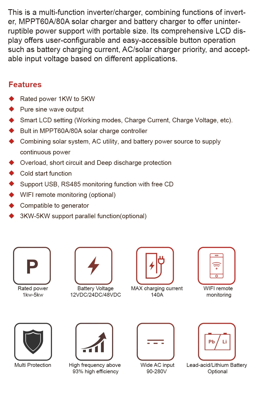 Hybrid off-grid solar inverter with built-in charge controller and WiFi connectivity.