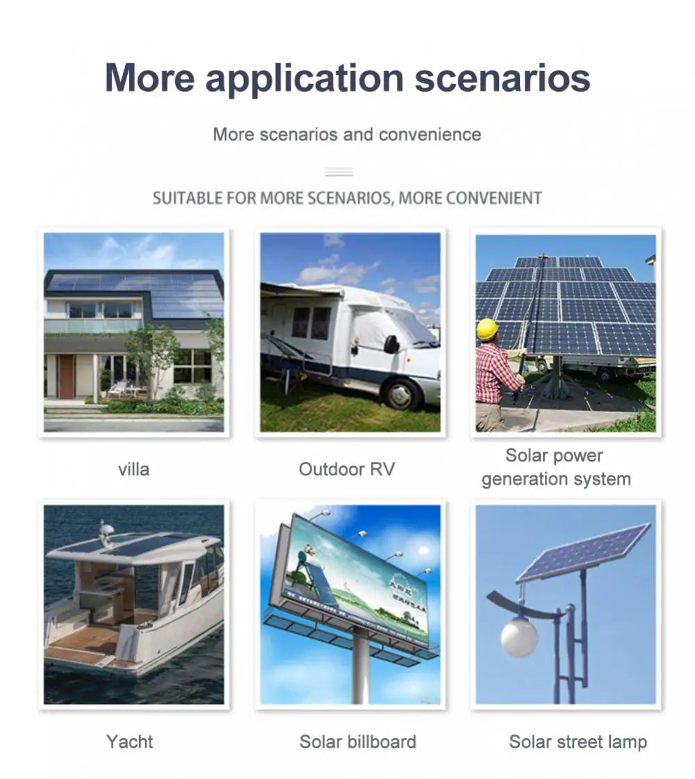 MPPT Solar Charge Controller, Off-grid power solutions suitable for various uses including homes, RVs, yachts, and public displays.