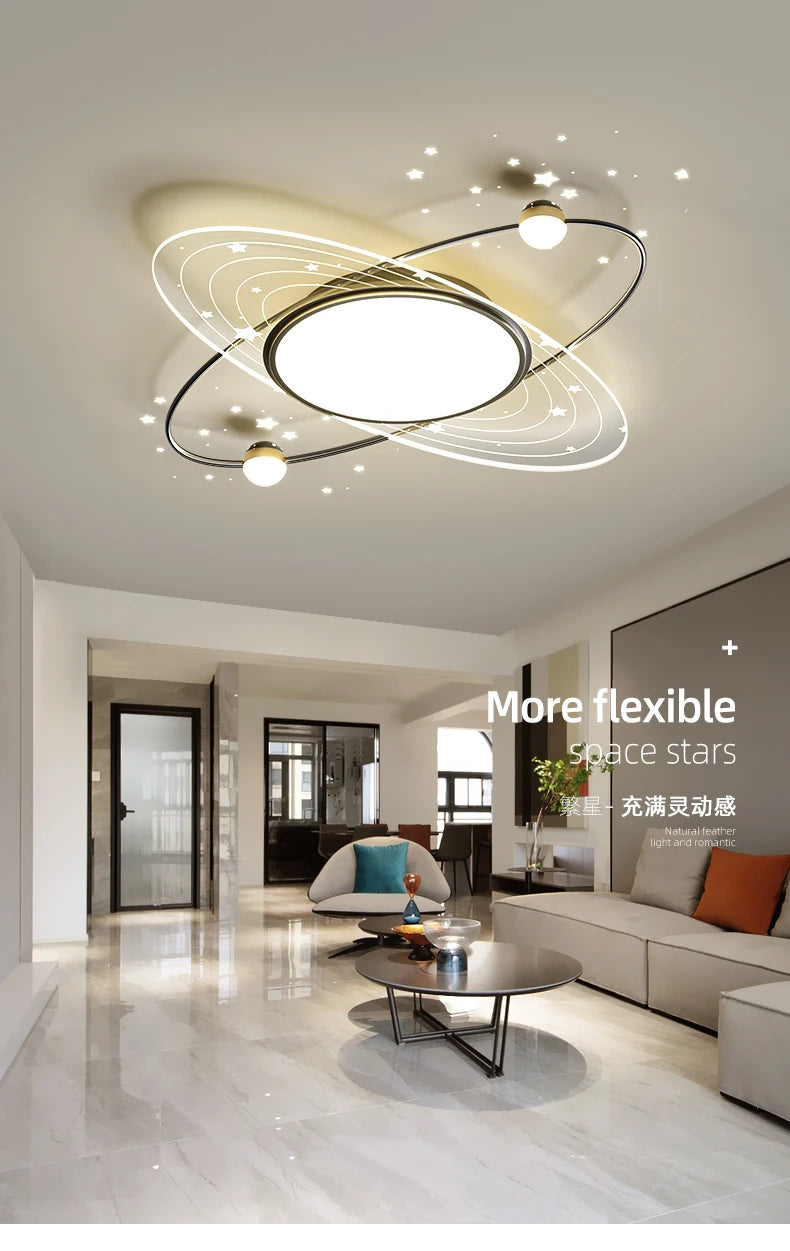 star ring LED Iron Modern Chandelier Light, Features flexible star-shaped lights with a romantic ambiance.