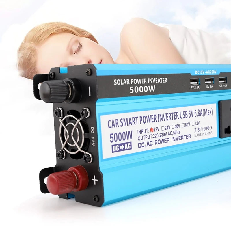 Modified sine wave power inverter converts DC12V/24V to AC220V for charging devices with smart input and USB port.