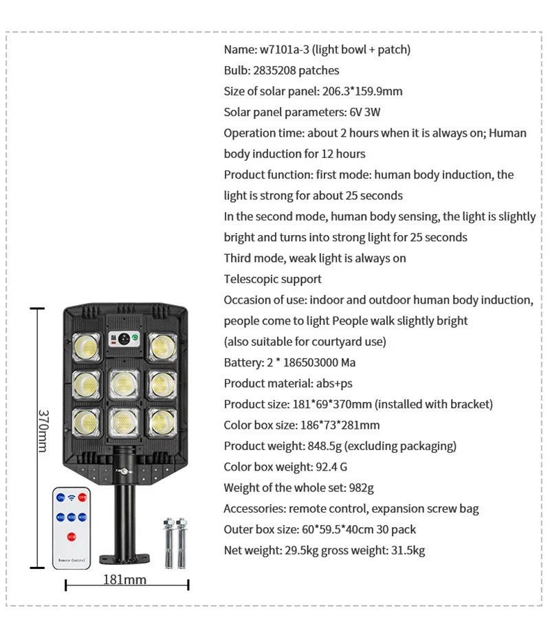 15000LM Solar Street Light, IP66 Waterproof LED Security Lamp For Yard