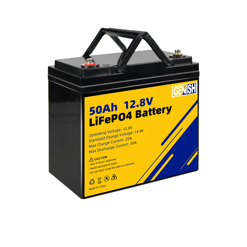 Lithium-ion battery pack details: capacity 50Ah, voltage 12.8V (14.4V op.), charge/discharge limits.