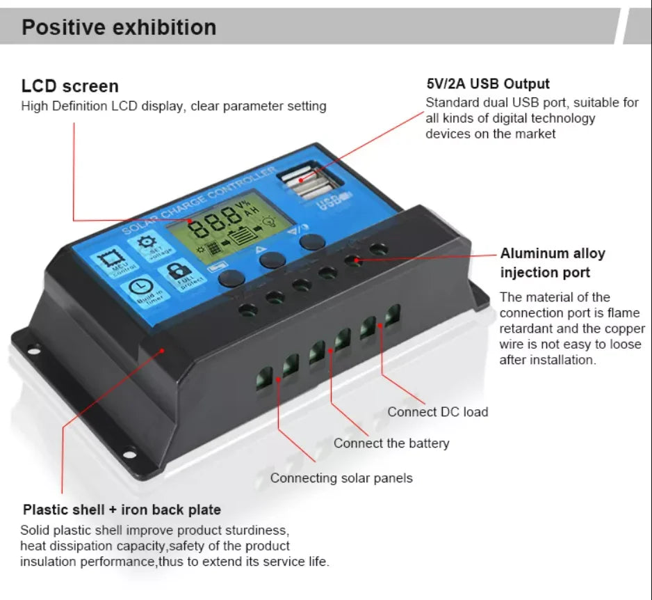 Advanced PWM solar controller with LCD display, USB ports, and durable construction for reliable energy management.