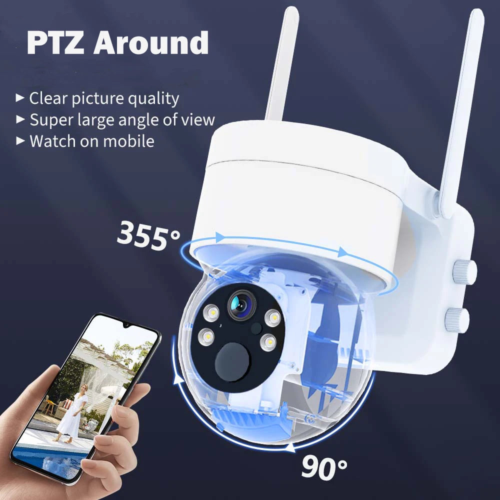 CHAMOUS 2.5K 4MP WiFi Wireless Outdoor IP Camera, Camera captures wide-angle views with 355° rotation, ideal for mobile viewing.