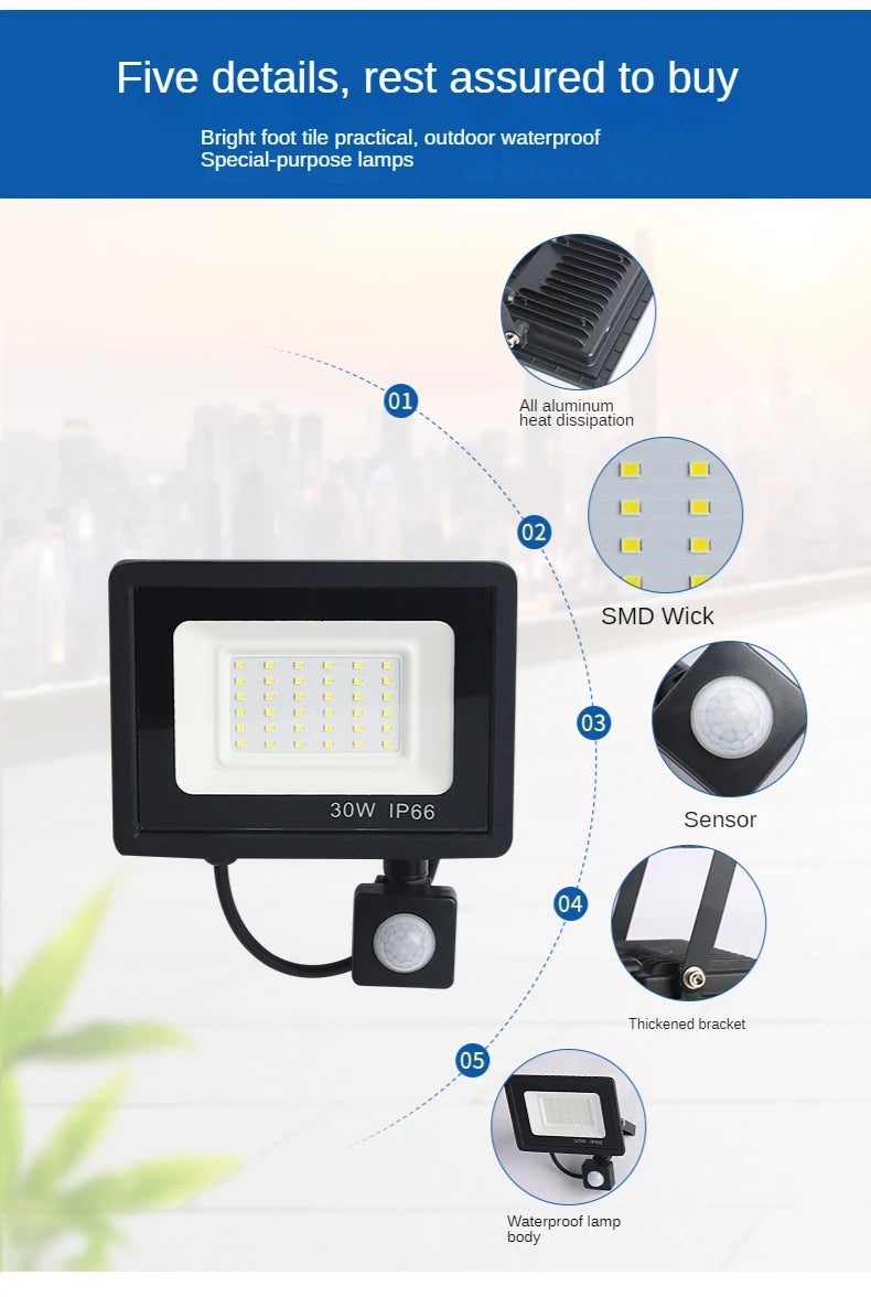 PIR Motion Sensor LED Flood Light, Outdoor waterproof LED flood light with motion sensor and durable aluminum alloy design.