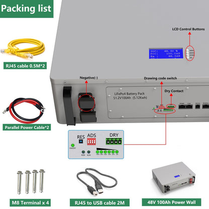 Pacco batteria Powerwall LiFePO4 48V 100AH ​​5KW - Batteria solare al litio 51,2V 6000+ cicli con RS485 CAN COM per inverter off/on-grid