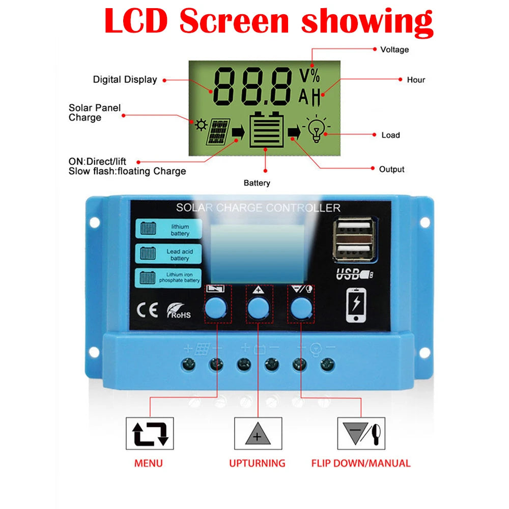 Voltage and time display, solar charger controls battery type and charging mode with adjustable settings.