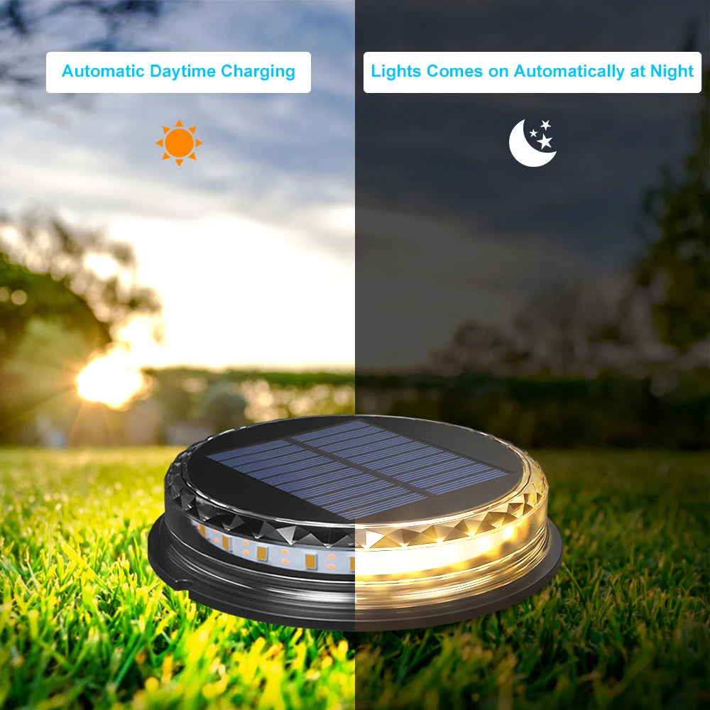 4Pack Solar Ground Light, Charges during the day and automatically turns on at night for bright illumination.