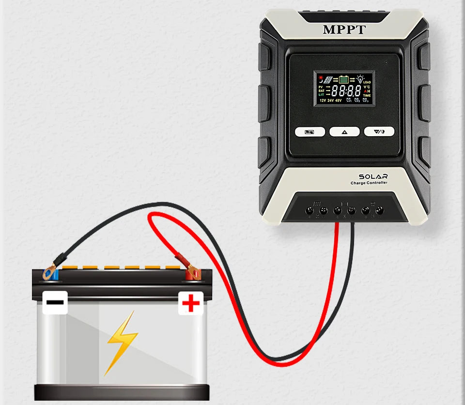 Solar charge controller with LCD display, dual USB ports, and adjustable current for regulating solar panel charging.