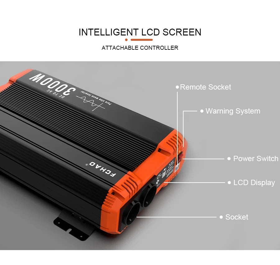 FCHAO 6000W Pure Sine Wave Inverter, Intelligent LCD screen, attachable controller, and safety features for easy inverter usage.